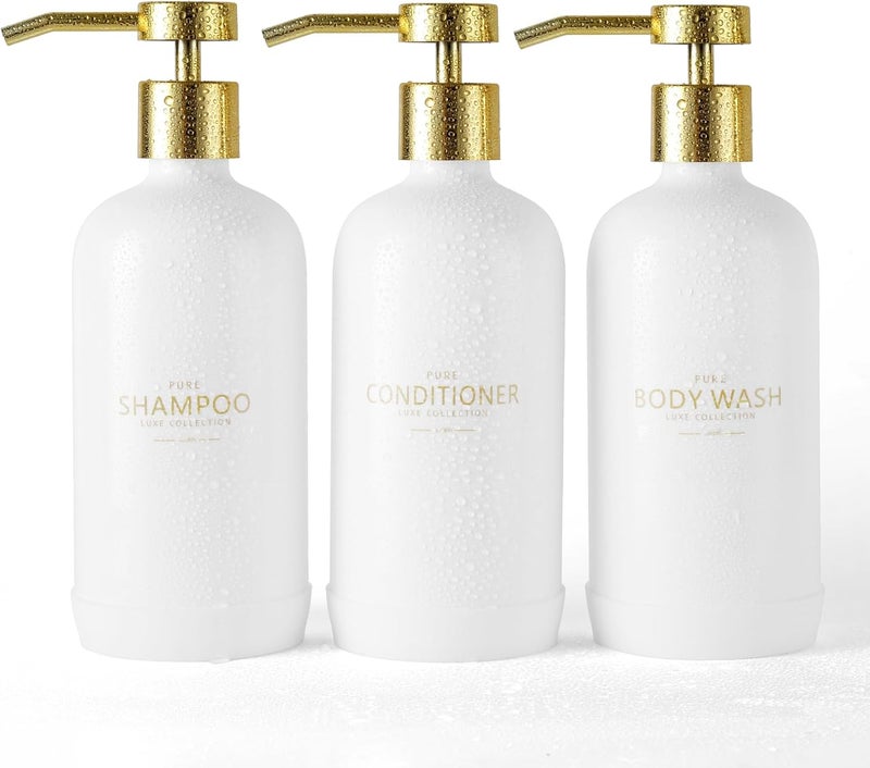 Janxin Shampoo and Conditioner Dispenser Set of 3,Refillable 20.5OZ Shampoo Bottles with Non-Slip Protective Silicone Pad,Shower Soap Dispenser with Waterproof Labels for Bathroom (White) - Image 1